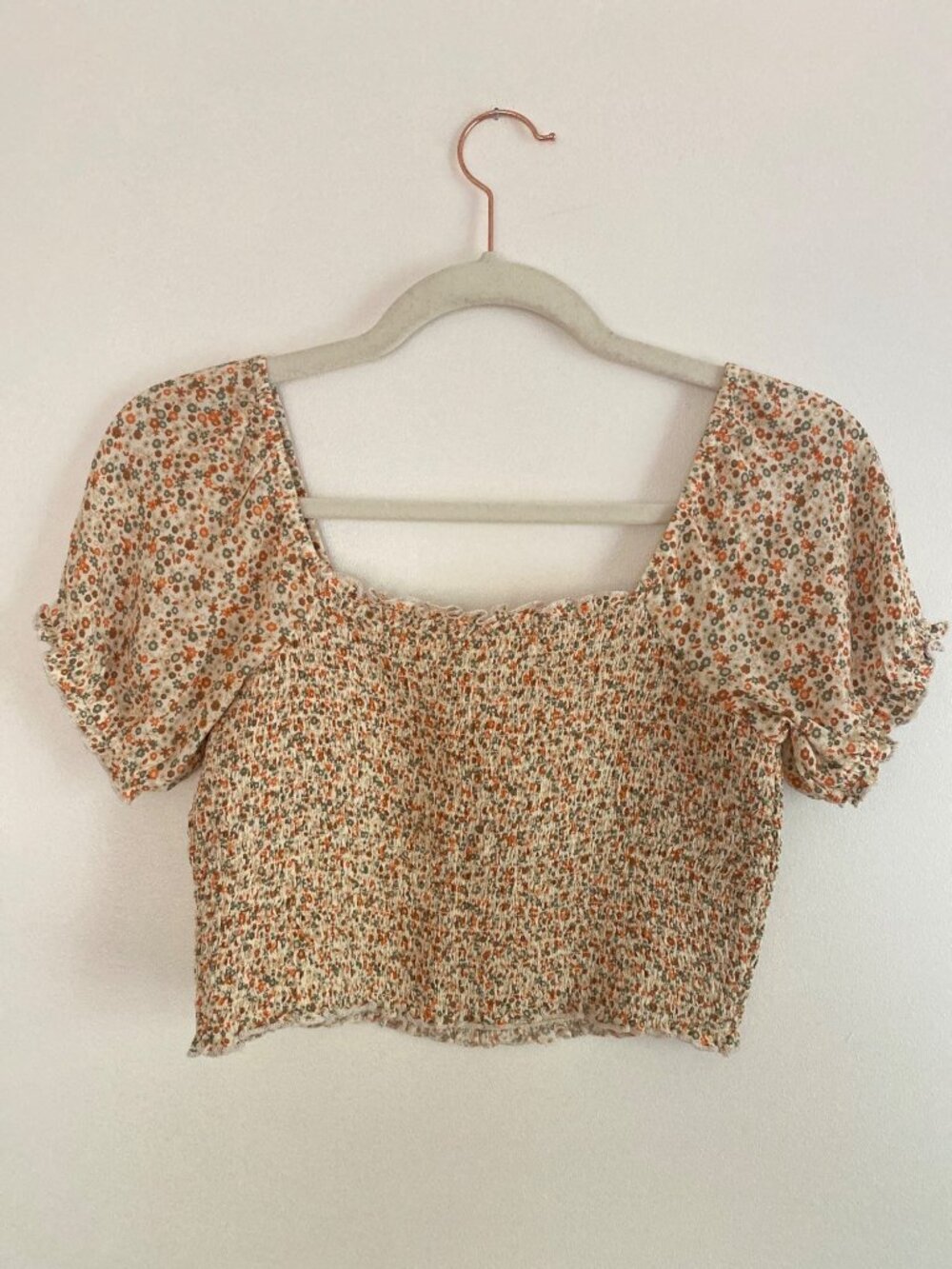 Aerie Smocked Floral Square Neck Puff Sleeve Crop Top Size XS - Picture 4 of 6